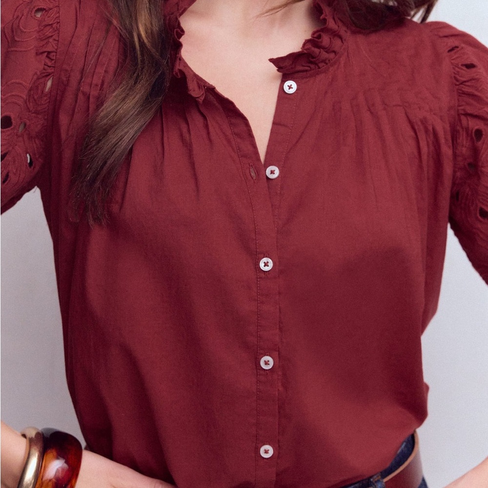 Boden Button-Front Eyelet Puff-Sleeve Blouse Cutwork Puff Sleeve Top-Russet - Picture 4 of 5